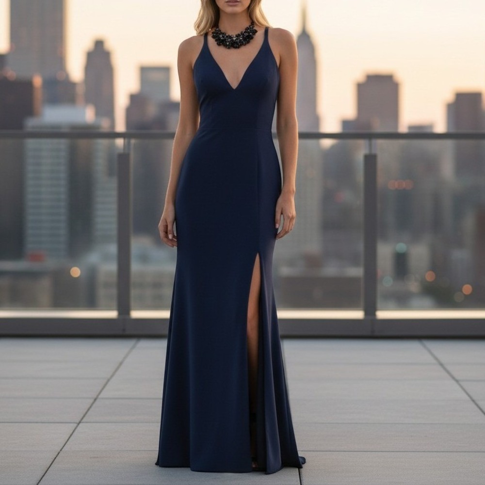 Dress The Population Dress Small Navy Blue Gown V-Neck Maxi Front Slit 4095